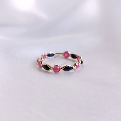 0.89 Ct Natural Sapphire Ruby Ring 14K Gold Band Ring September July Birthstone