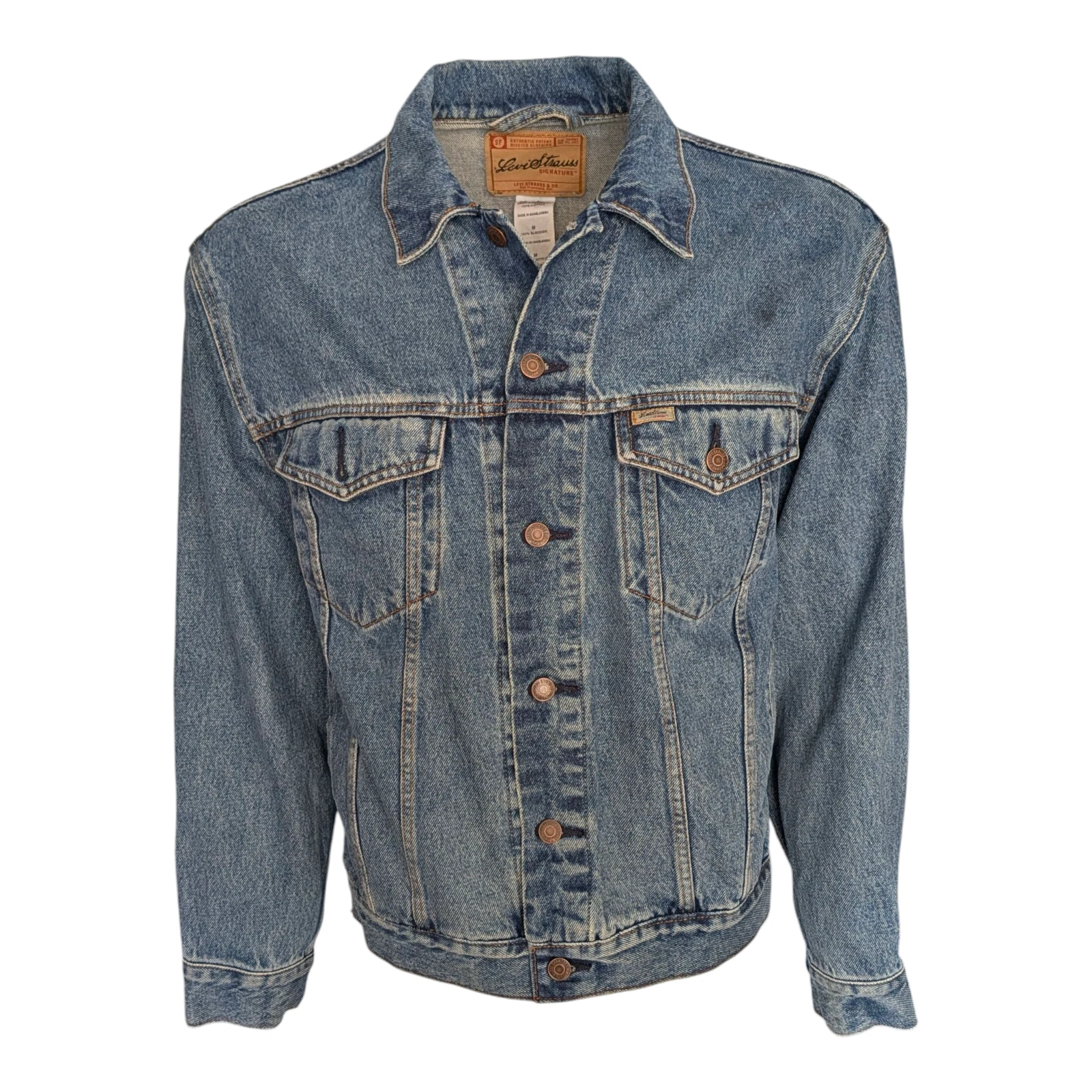 Levi Strauss Signature Denim Trucker Jacket Men’s Size M Blue – Custom Back Patc