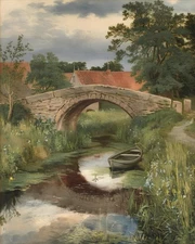 Stone Bridge & Reflection | Vintage Village River Scene | Museum Fine Art Print