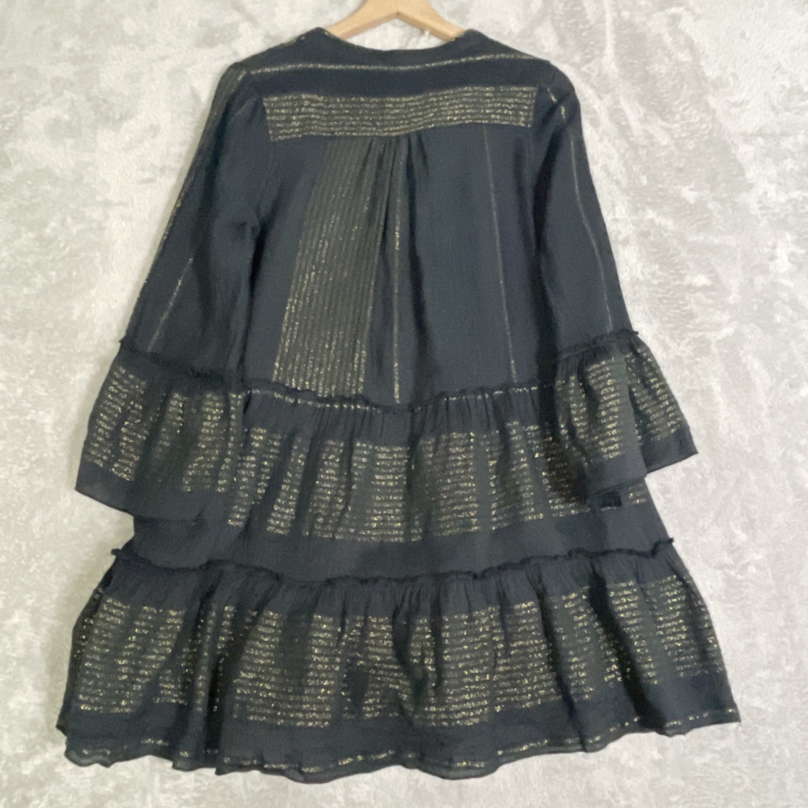 Elan Sauvie Dress Woman Medium Black Metallic Gold Pockets Tiered Bell Sleeve