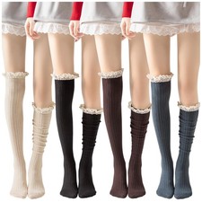 4 Pack Women Cotton Knit Boot Socks Knee Medium, Black Dark Grey Coffee