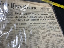 Antique New York Time Newspaper Archives October 9, 1939 w/ COA