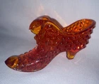 FentonAmberina Cat Head Glass Slipper English Hobnail Body 2 1/2 inches