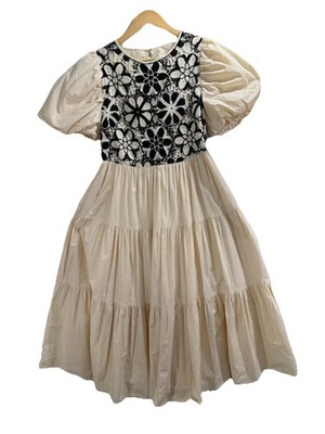 &merci Cream Tiered Puff Sleeve Midi Dress Black And White Crochet Bodice Sz Sm