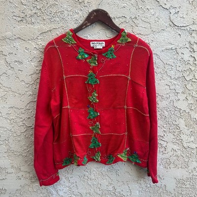 Vintage Jack B. Quick Beaded Christmas Tree Cardigan Size XL