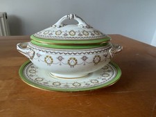 Vintage Cauldon individual soup Tureen & plate serving bowl dish green gold swag