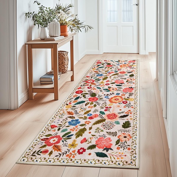 Flur Teppich Kurzflor LäUfer Blumenmuster Rutschfest Vintage Boho Beige 80X150-image
