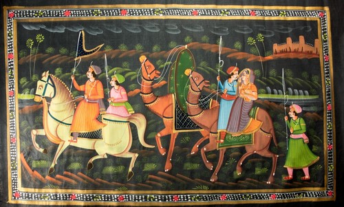 Painting Mughal India - Chasse Royal Handmade 71cm Art Rajasthani #9872
