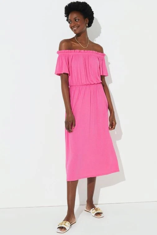 Pink bardot hotsell midi dress