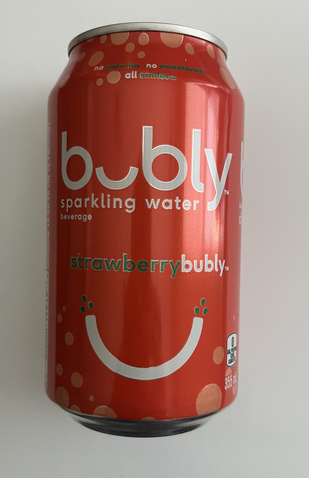 Unopened can of strawberry Bubly (Canada, bilingual, ha ha on the tab)