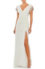 Mac Duggal 55709 Jeweled Sleeve Faux Wrap Gown SZ 12 White Multi Mrsp $498