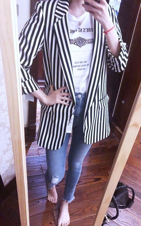 ZARA NAVY ECRU STRIPED OPEN FRONT LONG BLAZER SIZE XS UK BLOGGERS FAV!!!