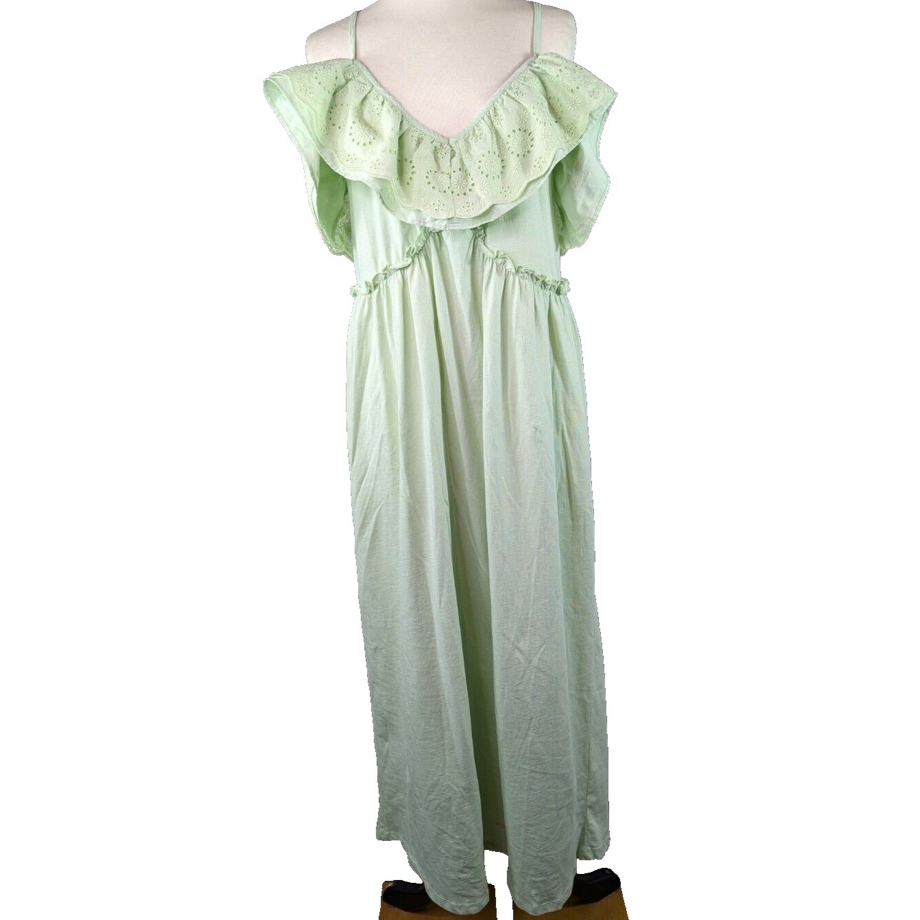 ZARA Eyelet Ruffled Neck Embroidered Knit Maxi Dress Boho Spring Green Large NWT