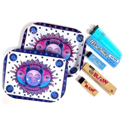 Wise Skies Small Hippy Rolling Tray Set Cover Cone Holder RAW Rolling Papers Tip