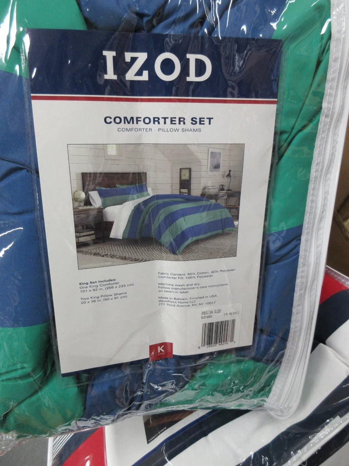 Conjunto de edredom IZOD, RUGBY AMERICANO 2 travesseiros fronha KING NOVO EM FOLHA - Imagem 2 de 3