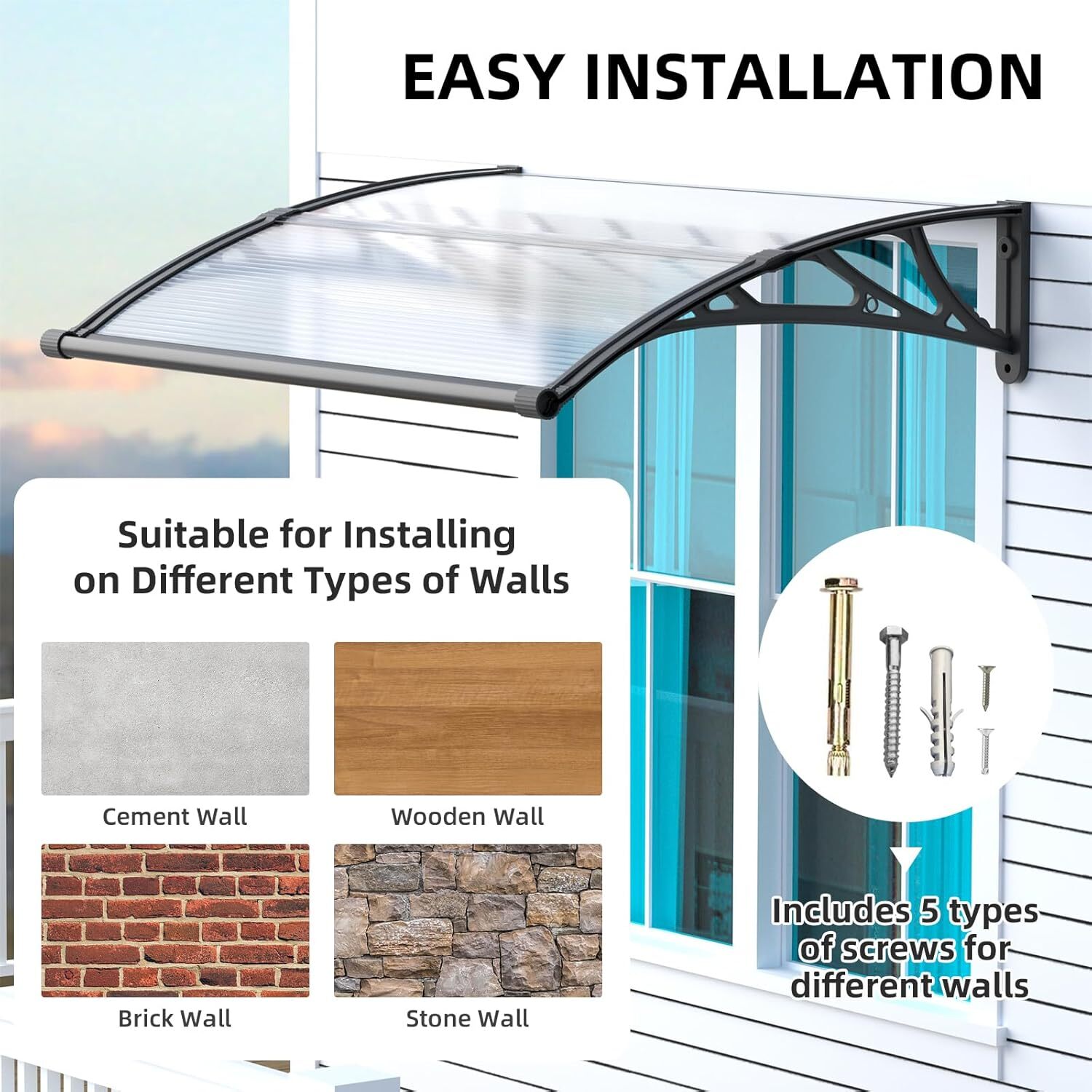 DIY Outdoor Window Awning Door Canopy with Large Sink Polycarbonate Roof Cover