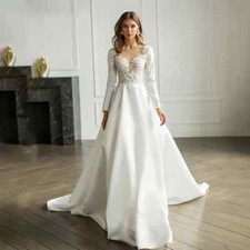 Long Sleeves Wedding Dresses Stain V-Neck A-Line Ball Gown Princess Bridal Gowns