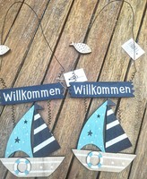 2 X Willkommen Schild Maritime Dekoration Segelboot Schiff Segelschiff Boot Holz