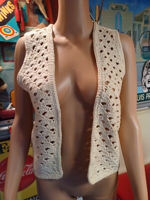 Vintage Sheree Masssaquoi Original Crochet Sweater Vest Boho Cream Off White