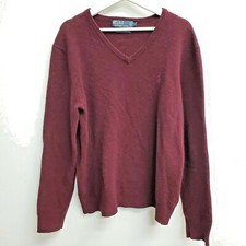 Ralph Lauren Mens Polo 100 Lambswool V-Neck Sweater L Burg with Grn/Black Pony