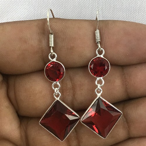925 Sterling Silver Handmade Ruby Stone Bezel Lovely Earrings Fest Gift Women - Picture 2 of 3