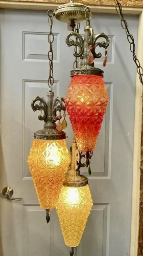 VINTAGE MCM EF 3 LIGHT HANGING GLASS SWAG LAMP BRASS CHAINS MID CENTURY MODERN