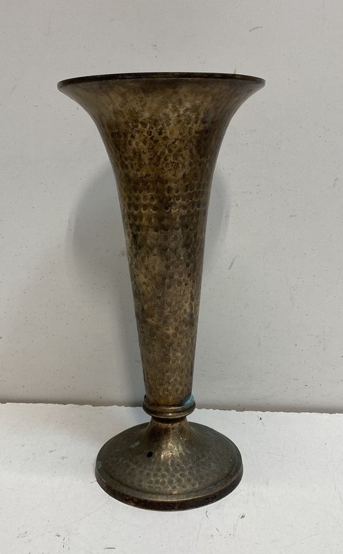Vintage Hammered Brass Tone Metal Trumpet Vase Arts & Crafts Style 13 Inch