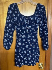 As U Wish Women's Navy Blue Floral Print Long Sleeve Smocked Mini Dress