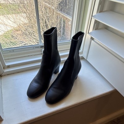 Stuart Weitzman Black Leather Mid-Calf Bootie Block Heel Zip Round Toe Size 9
