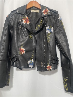 AFTF Basic Outerwear Embroidered Faux Leather Cropped Moto Jacket