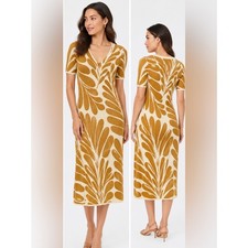 Ann Taylor Cream and Mustard Printed V-Neck MiDI Dress