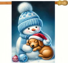 Winter Garden Flag Double Sided 12x18 Cute Snowman Holding A Dachshund 