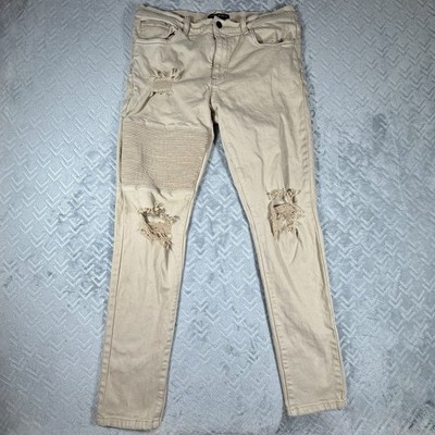 Saint Morta Men's Index Distressed Biker Jeans Sz 36x31 Moto Ripped Beige Khaki