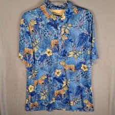 Birdie Bound Men  s Golf Polo Shirt XL Blue Tropical Jungle Leopard Print Stretch