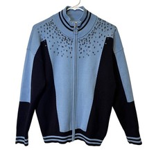Sandro Blue Colorblock Embellished Zip Up Tra...