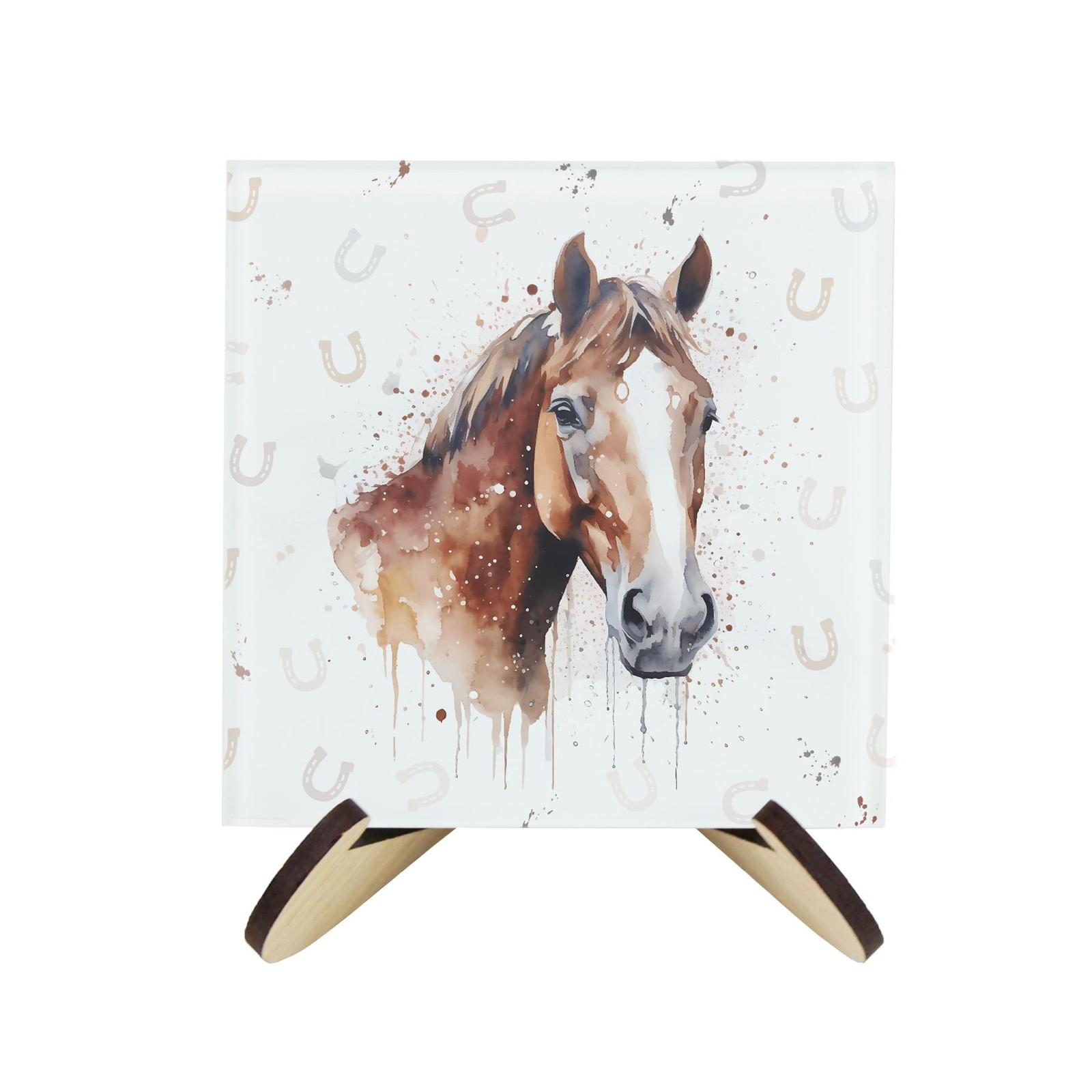 Watercolour Horse Square Coaster Set & Stand - 4x Glass Drinks Coasters Gift
