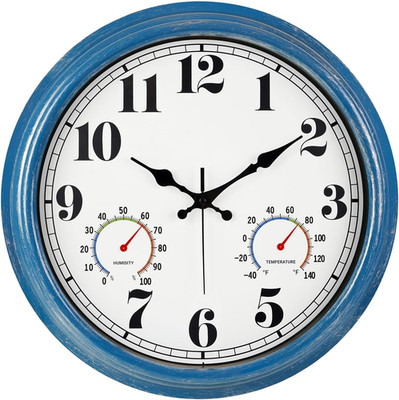 16 Inch Blue Vintage Waterproof Indoor/Outdoor Wall Clock with Thermometer & Hyg