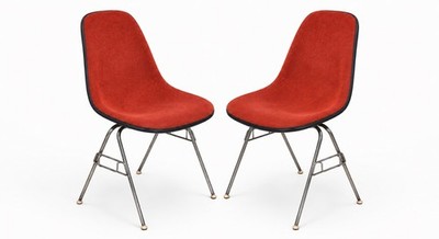 Eames Herman Miller Fiberglass Upholstered Shell Chairs Orange/Red Tweed H Base