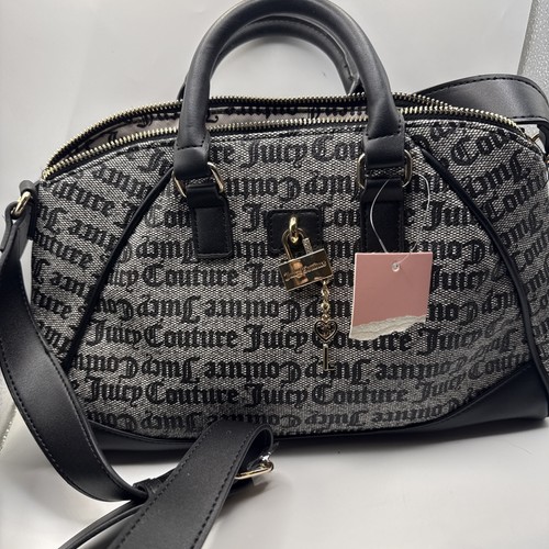 Juicy Couture Handbag Black Grey Logo Gold Heart Charm 10.5x8.5 in. NEW