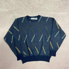 Vintage Knitted Jumper Abstract Patterned Grandad Knit Sweater With Leather