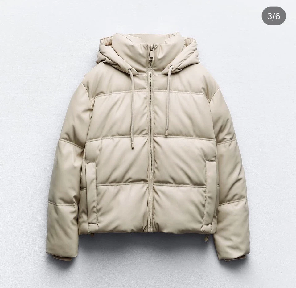 ZARA   ECRU FAUX LEATHER HOODED PUFFER COAT WITH ZIPPED POCKETS SIZE M - Image 2 of 4