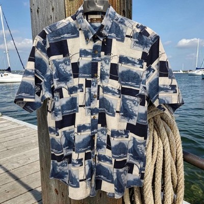 Cafe Luna Yachting Button-Up Shirt Mens Large Blue Ivory Resortwear Nautical 