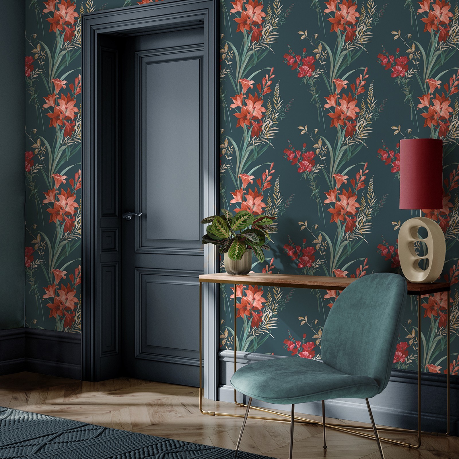 Deep Teal Floral Wallpaper Pink Coral Botanical Foliage Smooth Finish Feature