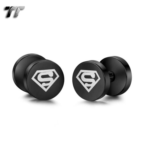 TT Black Surgical Steel Round Superman Ear Plug Earrings (BE269) NEW - Picture 1 of 1