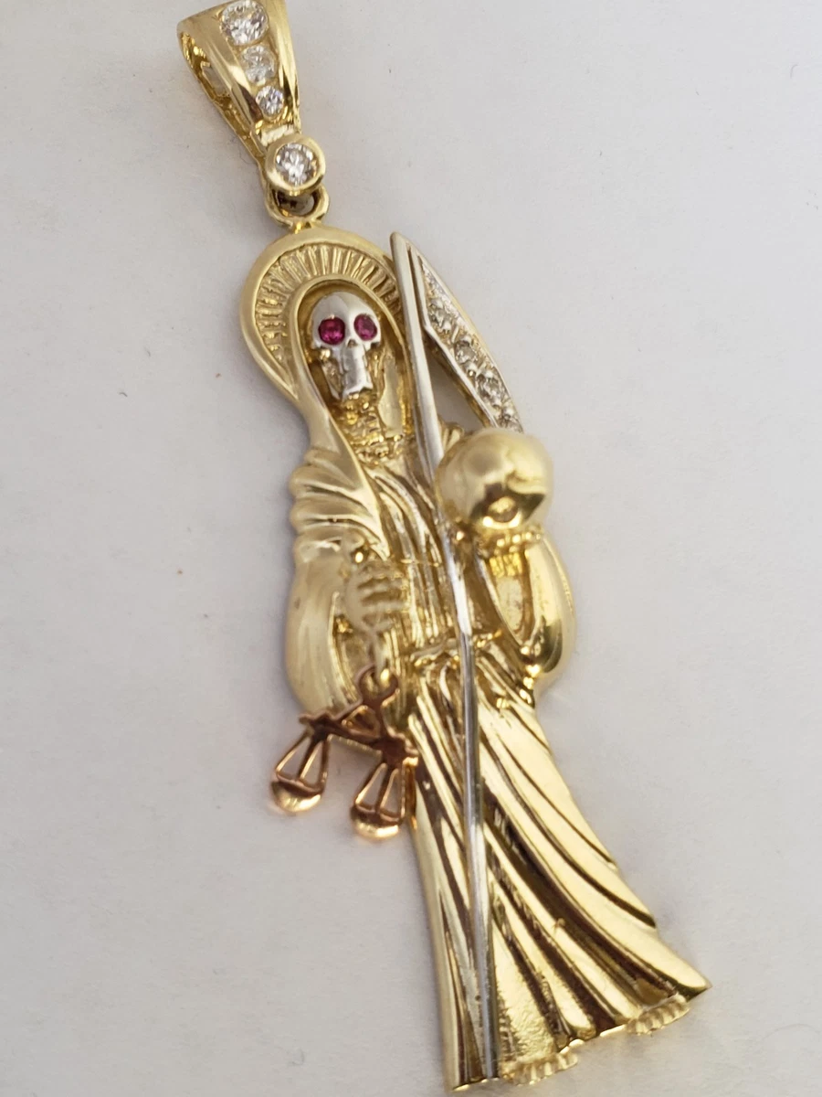 Big real 14k yellow Gold santa muerte grim reaper pendant angel of death  2.75