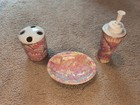 Pink soap dish, toothbrush holder, soap dispenser pastel swirls pattern 90s