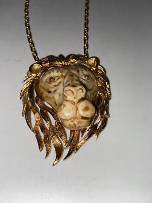 Vintage 70s Luca Razza Leo Lion Head Pendant Necklace Gold Tone 18