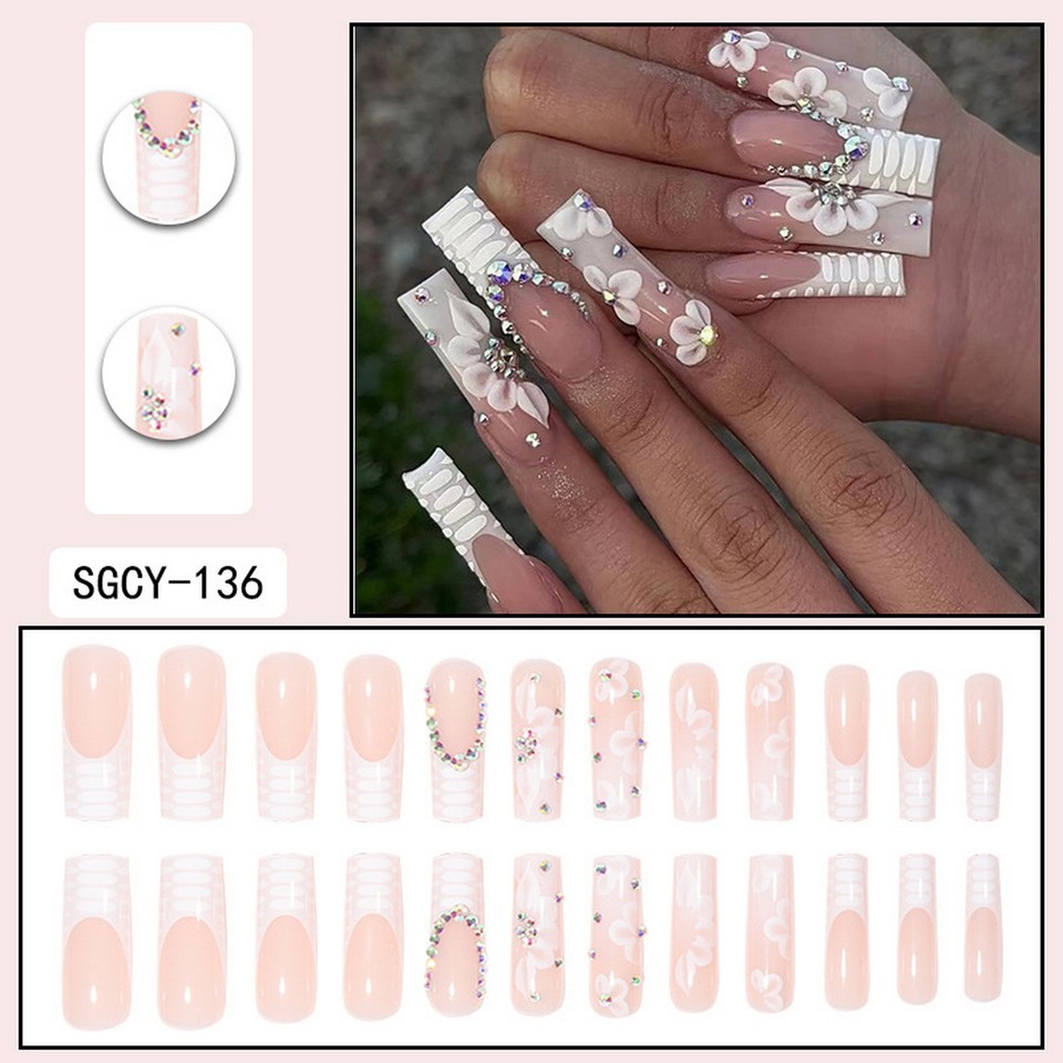 Prom Nails High Quality Fake Flowers Extra Long Square 24pcs Full Cover