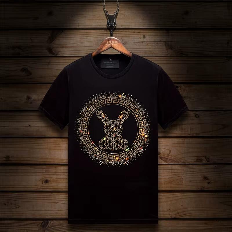 New Fashion Bunny Rhinestone Summer Short Sleeve Luxury Men Streetwear T-Shirt