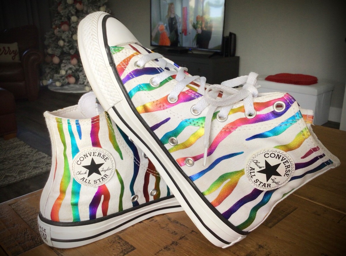 Converse All Star White & Rainbow Zebra Print High Top Sneakers